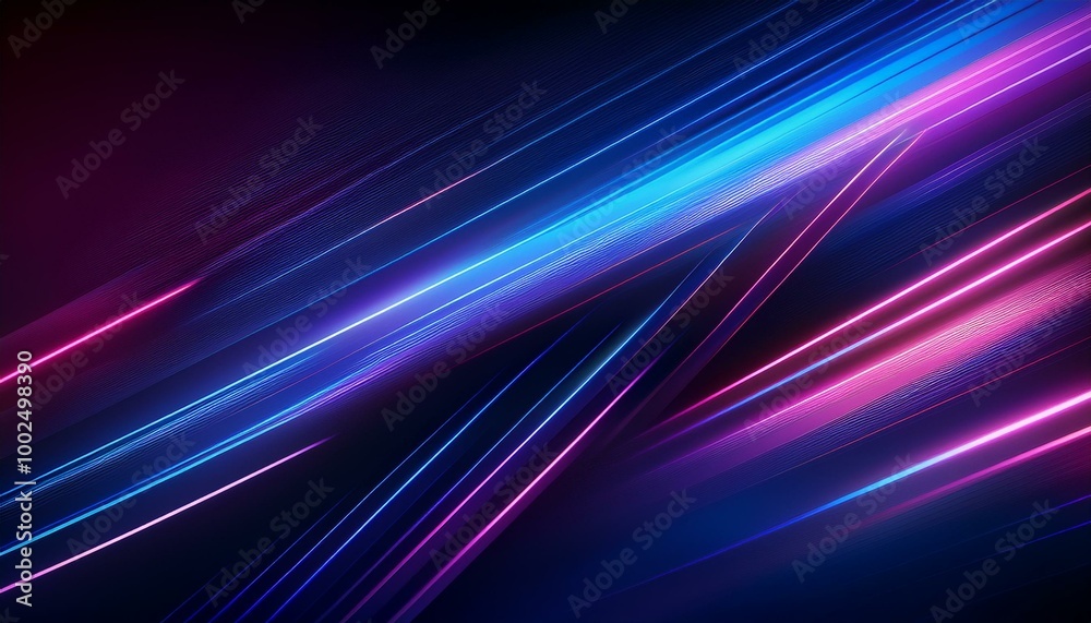 Poster A vibrant abstract design featuring dynamic lines in pink and blue hues, creating a sense of motion and energy. Futuristic glowing blue and purple light lines with speed motion blur effect on blue