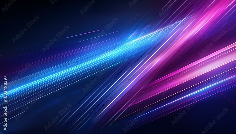Poster A vibrant abstract design featuring dynamic lines in pink and blue hues, creating a sense of motion and energy. Futuristic glowing blue and purple light lines with speed motion blur effect on blue