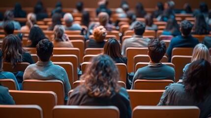 A group of people sitting in an auditorium, listening to someone giving their views on something