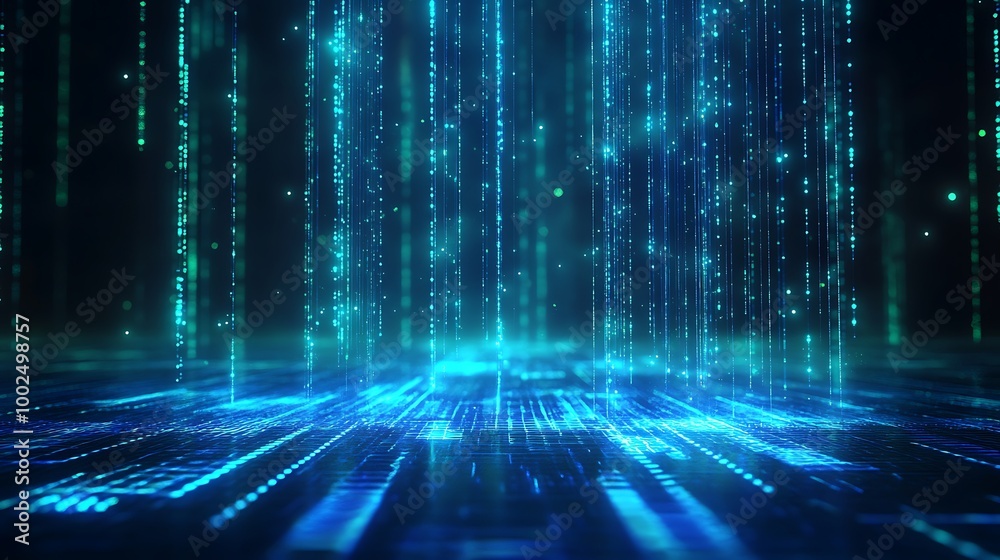 Poster futuristic digital landscape with glowing blue binary code cascading in a virtual atmosphere.