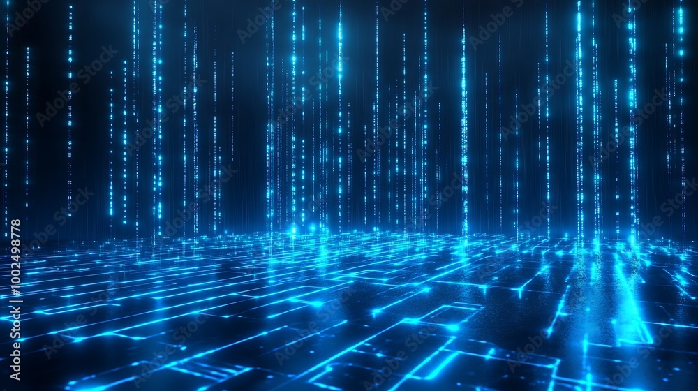 Poster futuristic digital landscape with glowing blue binary code streams creating a matrix effect.