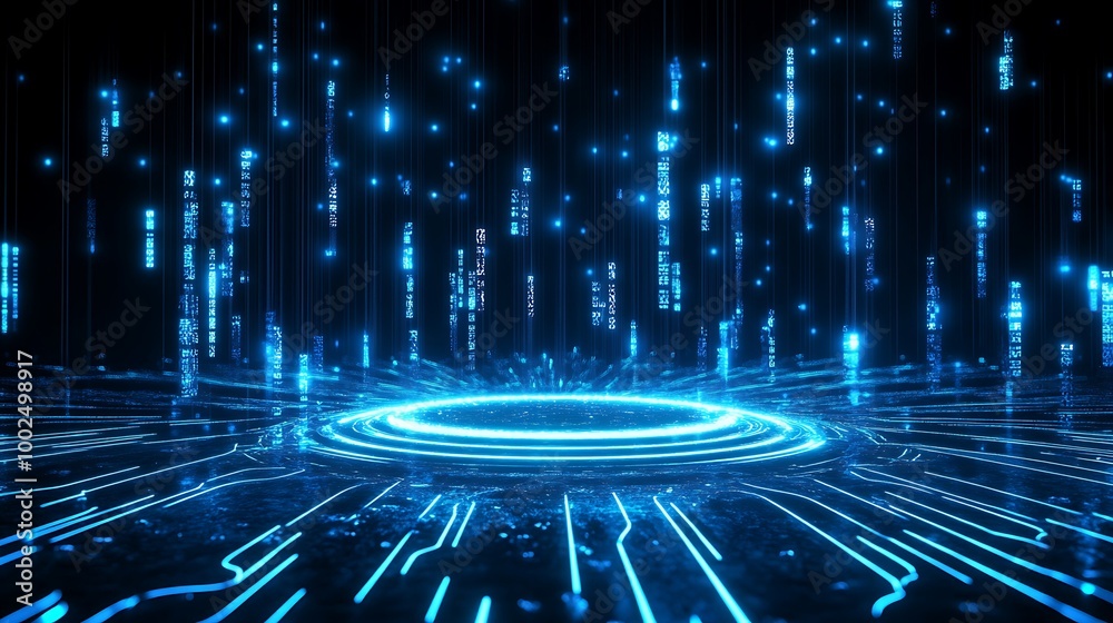 Poster futuristic digital landscape with glowing blue circular patterns and data streams on a dark backgrou