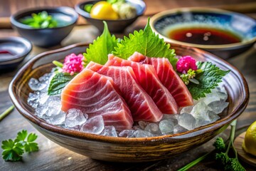 Fresh Bluefin Toro Sashimi on Ice with Wasabi and Soy Sauce in a Japanese Restaurant Setting