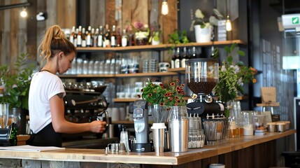 A barista is making coffee at a cafe.