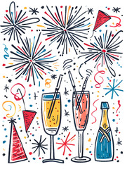 New Year and Christmas card, graphic advertising backgrounds in a doodle 2D illustrator style.