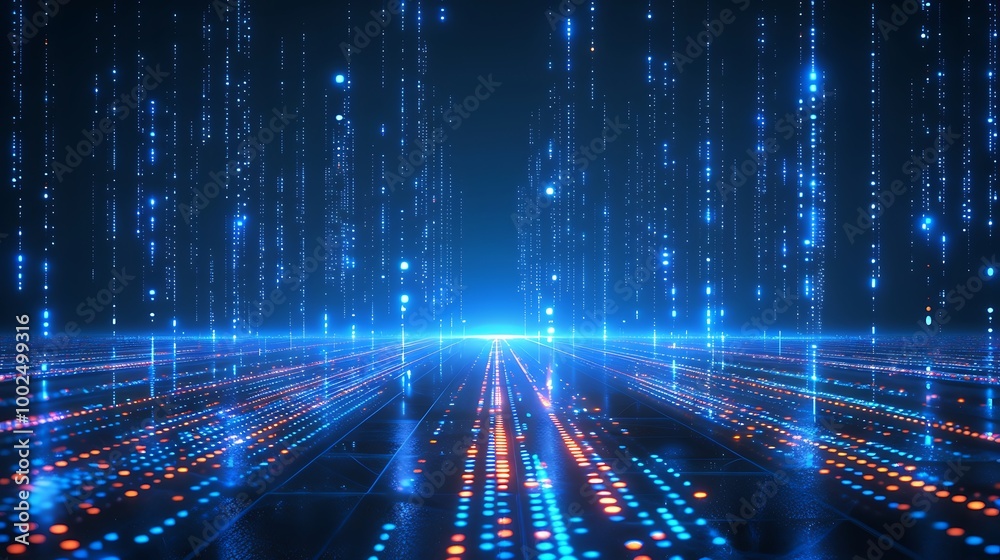 Poster futuristic digital landscape with glowing blue lines and binary code, creating a sense of depth and 