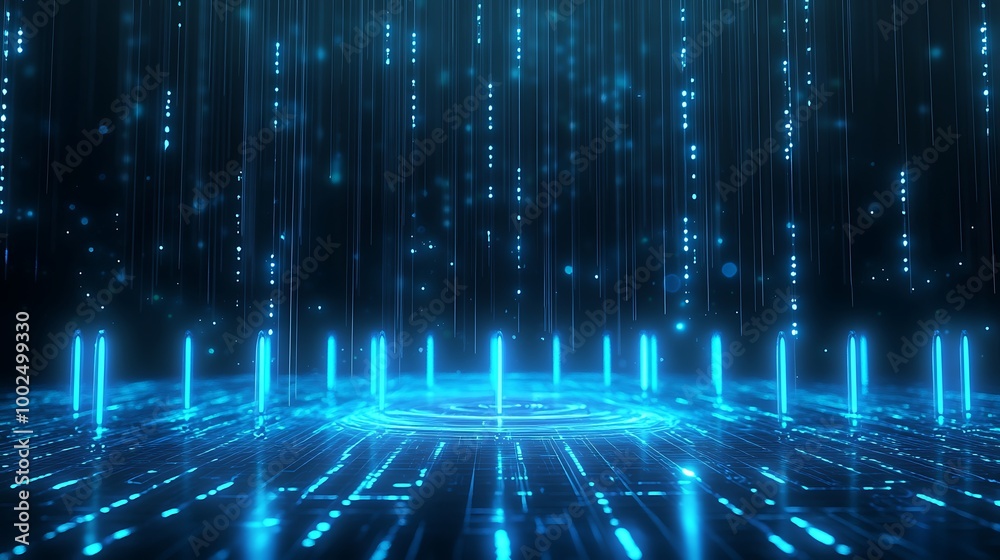 Poster futuristic digital landscape with glowing blue lines and binary code flowing in a dark environment.