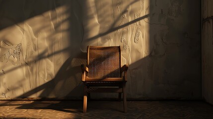 A wooden cane-back chair in a room with a beige wall.