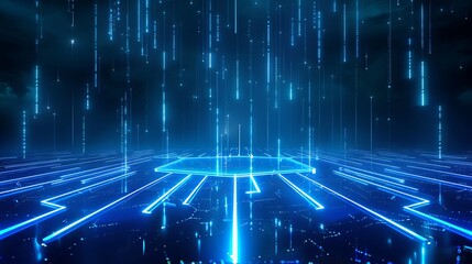 Naklejka premium Futuristic digital landscape with glowing blue lines and data rain effect.