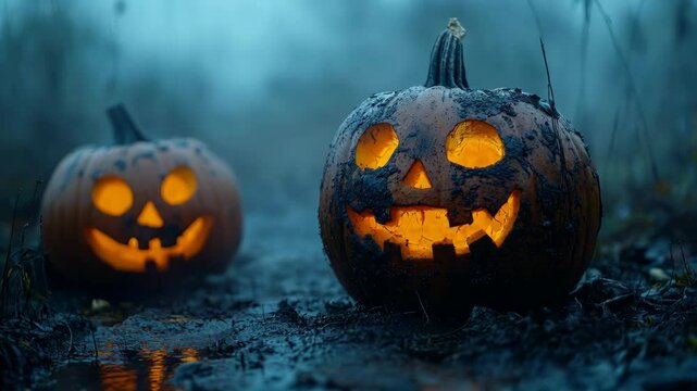 Realistic close up pumpkin lantern with spooky light effect, halloween celebration background in autumn. AI generated