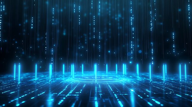 Futuristic digital landscape with glowing blue lines and binary code flowing in a dark environment.