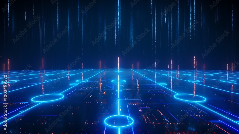 Poster futuristic digital landscape with glowing blue lines and grid patterns, representing advanced techno
