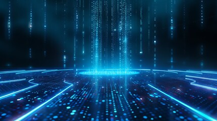 Futuristic digital landscape with glowing blue lines and data streams on a dark background.