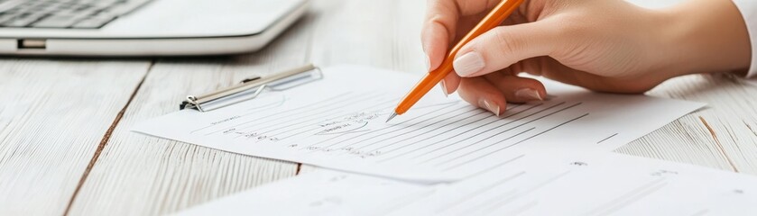 A hand holding an orange pen is writing on documents placed on a wooden desk, accompanied by a laptop and a clipboard.