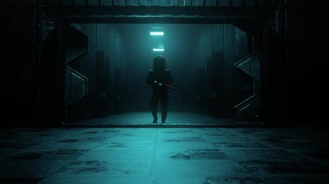 Futuristic ape exploration through a mysterious metallic door in a sci-fi landscape