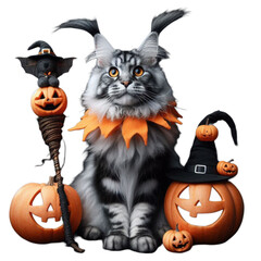 A loyal cat follows a witch on Halloween night​ on​ transparent​ backgound​ png​