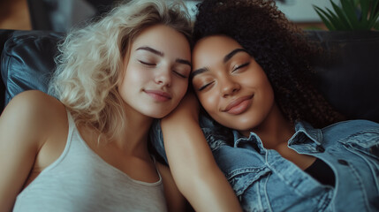 Obraz premium Cheerful couple of lesbian women in love at home 