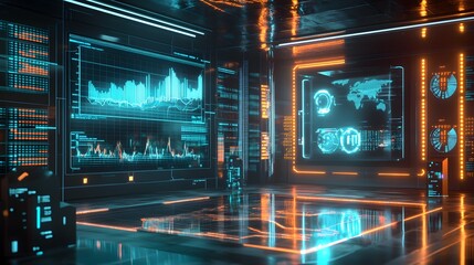 Obraz premium A high-tech business environment with transparent screens displaying a holographic price drop, surrounded by virtual data points and futuristic interface elements, set against a glowing neon 