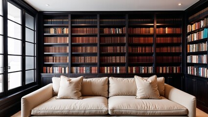 The layout features a large, beige sofa with two matching cushions, positioned centrally against a backdrop of tall, dark wooden bookshelves filled with an assortment of books.