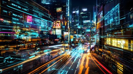 Fototapeta premium A high-tech city scene with an advanced digital society, where holographic displays project information and advertisements onto buildings, blending modern architecture with artificial intelligence 