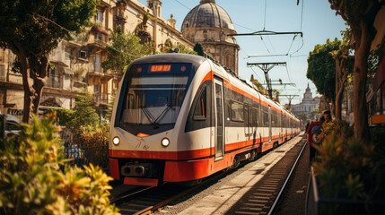 Fototapeta premium A vibrant red and white trolley is traveling down a busy city street, showcasing the unique urban landscape around it and facilitating travel opportunities