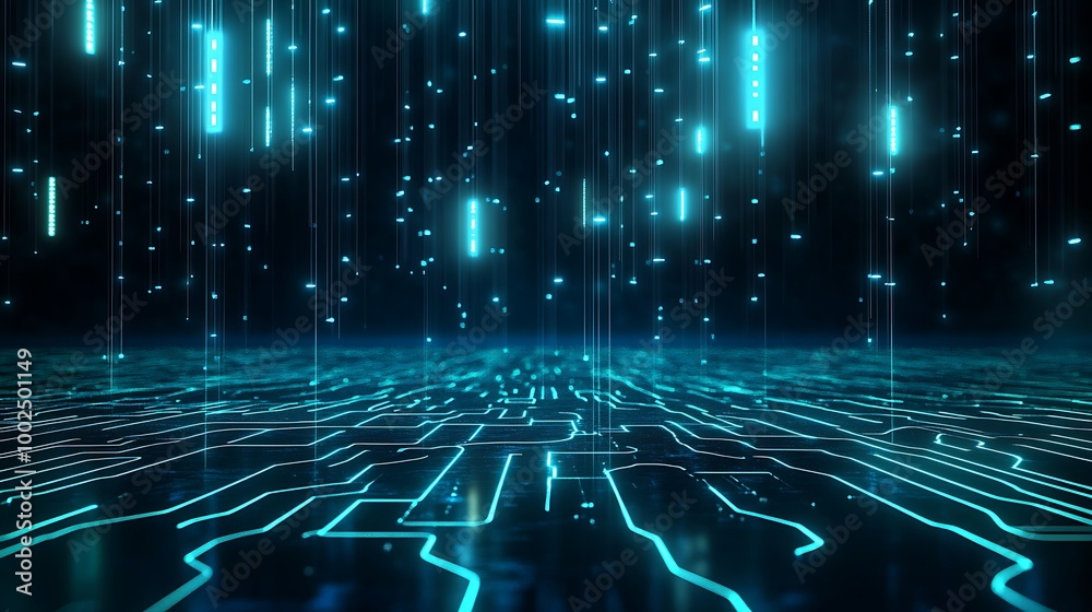 Poster Futuristic digital landscape with glowing circuit patterns and blue light effects, creating a high-tech ambiance.