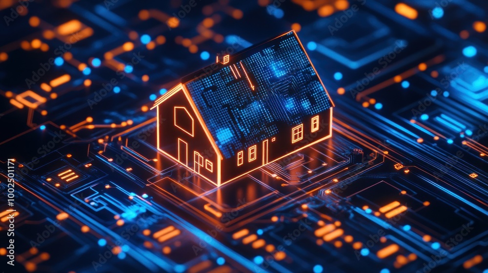 Poster illuminated house icon on a circuit board representing smart home technology