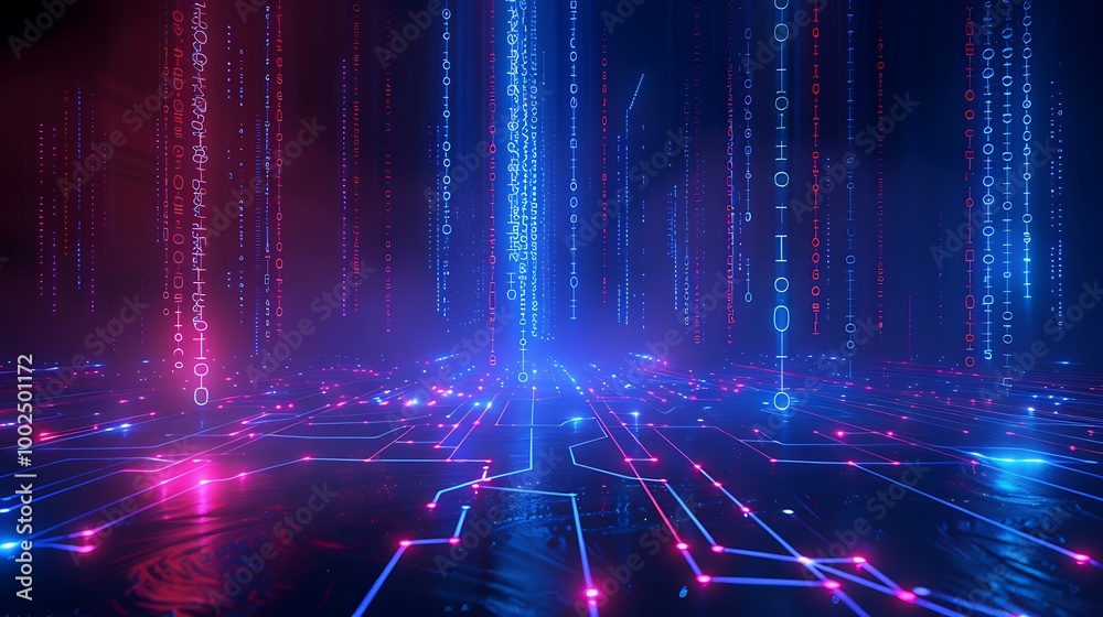 Poster futuristic digital landscape with glowing circuits and binary code, creating a neon atmosphere.