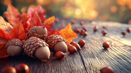 Fototapeta premium A beautiful arrangement of acorns and autumn leaves on a wooden surface, capturing the essence of fall
