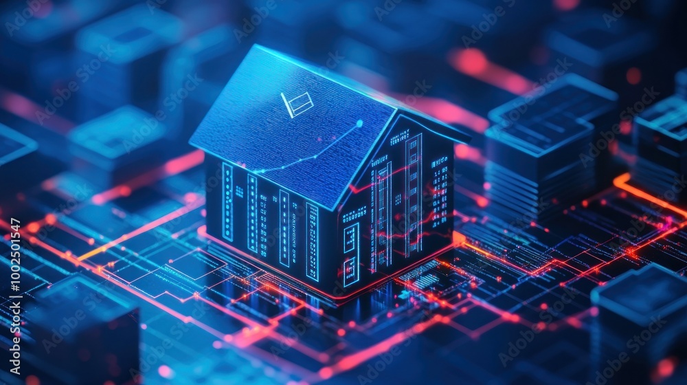 Poster a digital house model with glowing blue lines on a circuit board