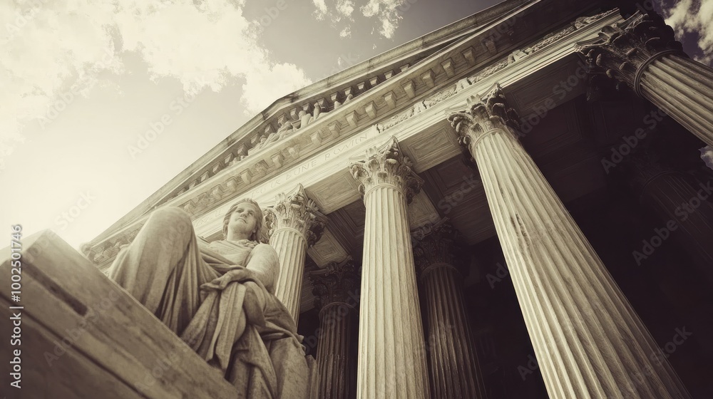 Poster a low angle view of the supreme court building with a statue in the foreground