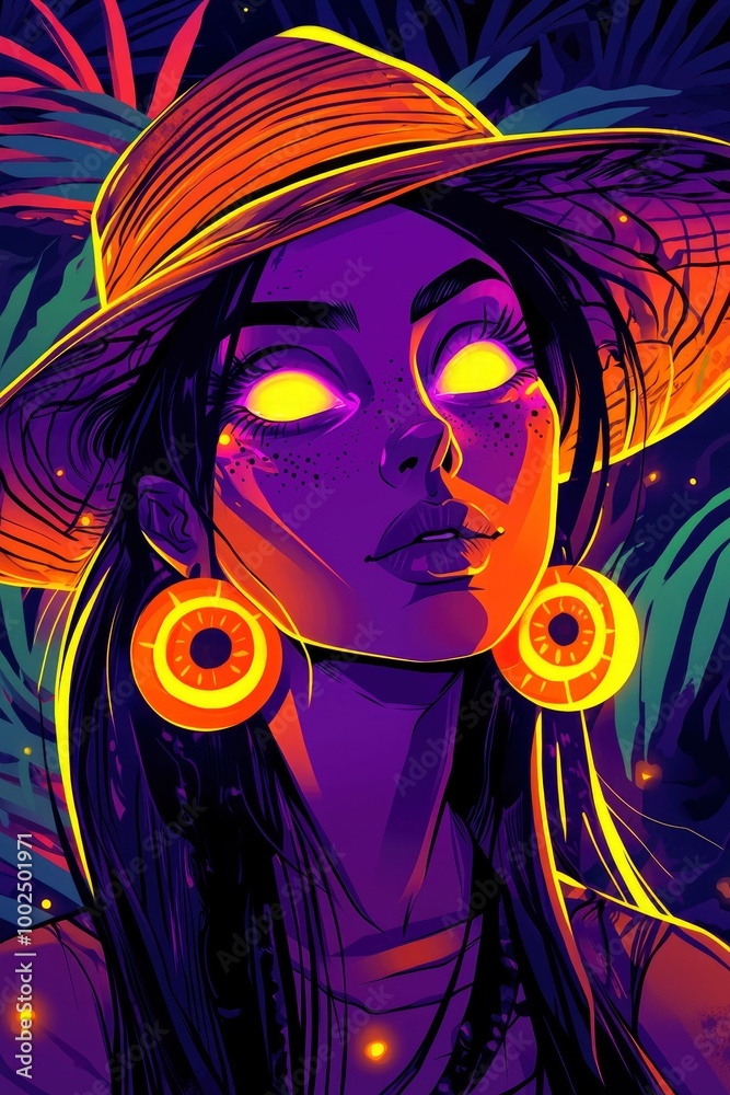 Sticker Woman with Glowing Eyes in a Sun Hat