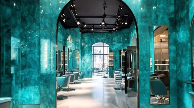 A modern and stylish salon interior with turquoise walls, mirrored surfaces, and sleek chairs. The space is bright and inviting, showcasing a contemporary design aesthetic.