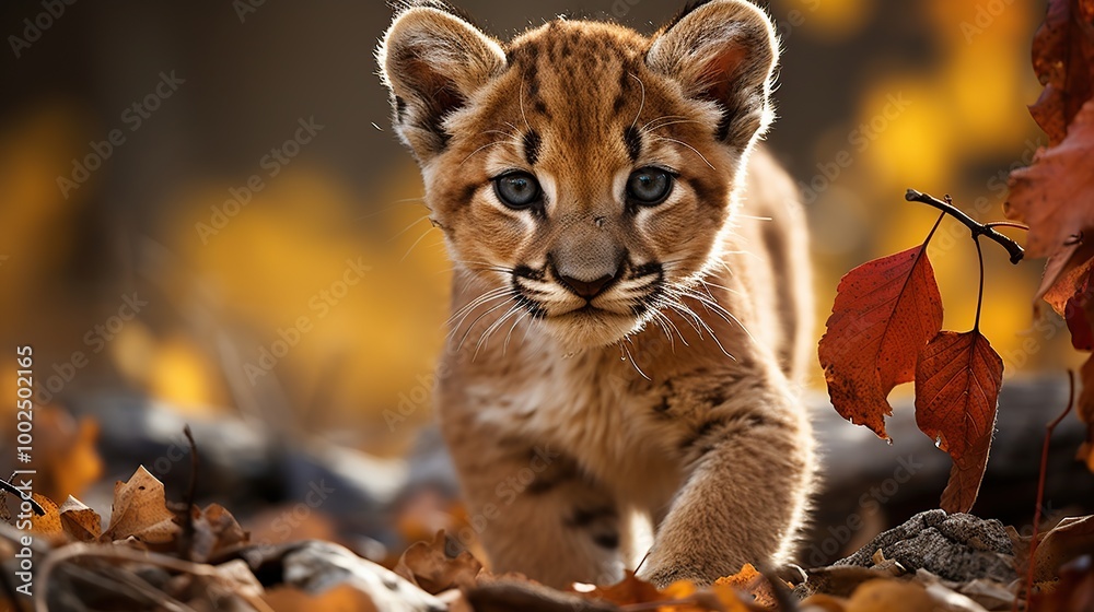 Wall mural Cute Cougar Cub in Autumn Leaves