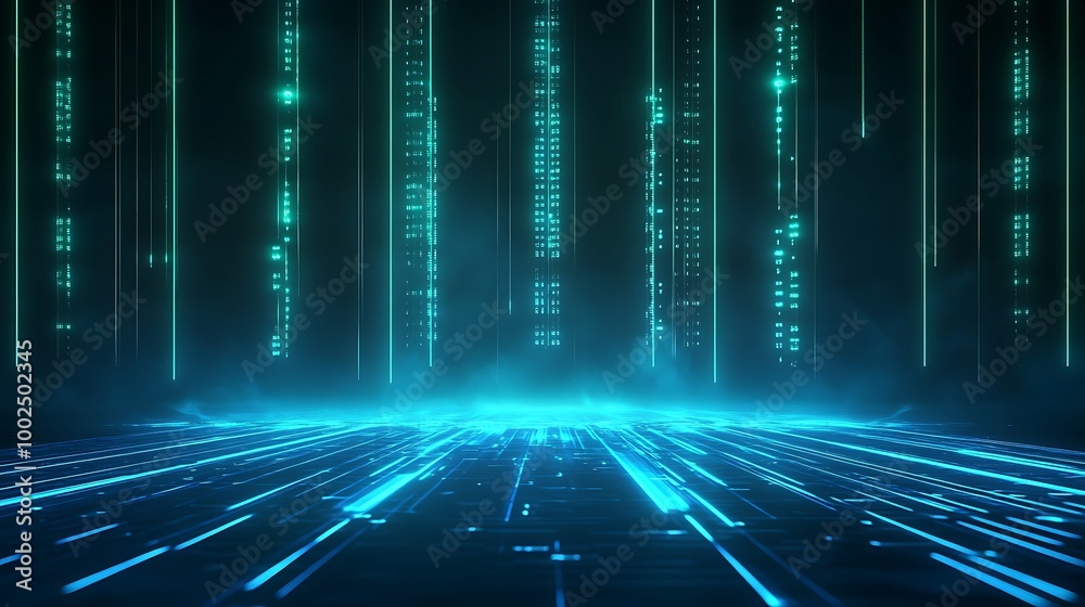 Poster futuristic digital landscape with glowing lines and binary code effects.