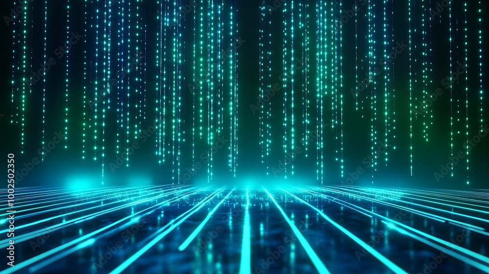 Poster futuristic digital landscape with glowing lines and binary data, creating a captivating visual effec