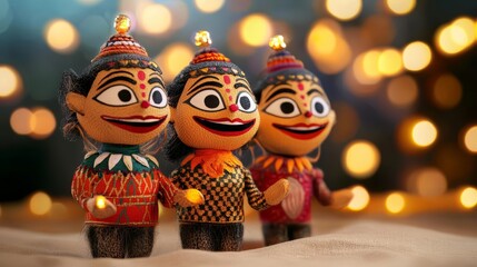 Colorful decorative dolls illuminated with lights on a festive background.