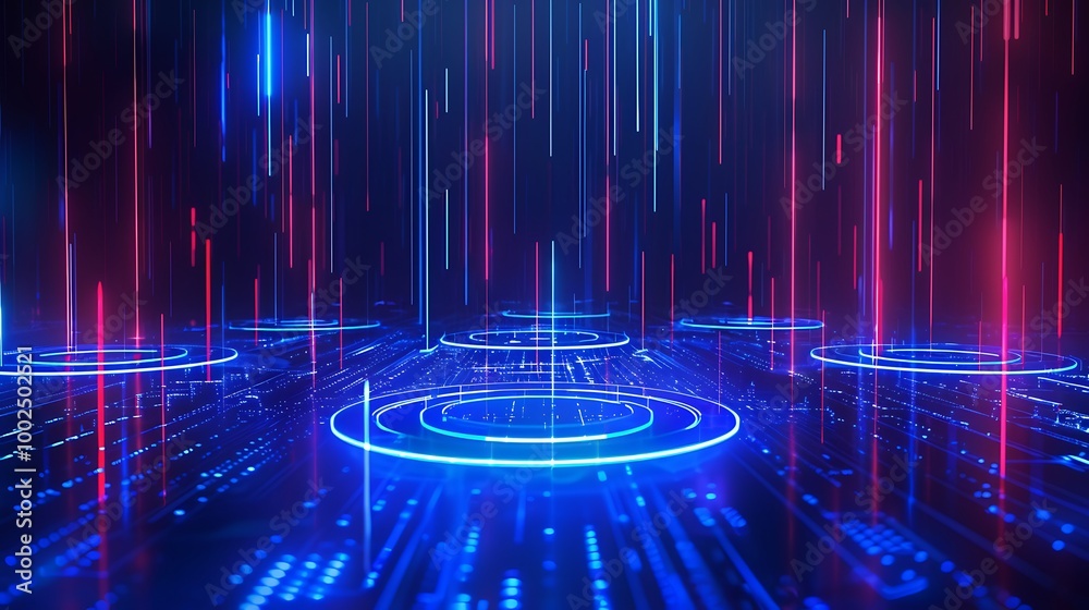 Poster futuristic digital landscape with glowing lines and circles representing advanced data flow and conn