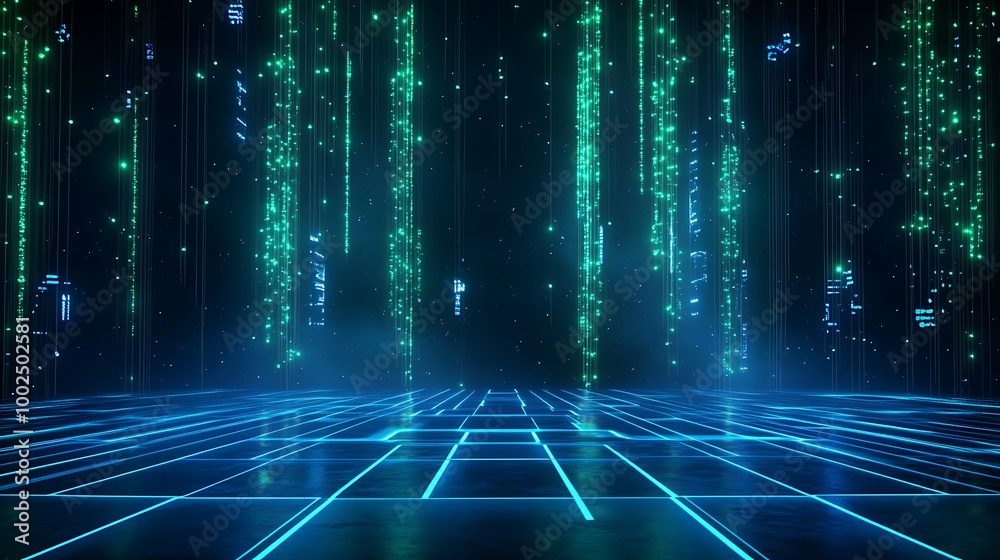 Poster futuristic digital landscape with glowing lines and data streams creating a high-tech atmosphere.