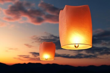Illuminated lanterns floating against a sunset sky.