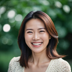 Fototapeta premium A cheerful Chinese woman dressed in a white blazer smiles warmly while standing in a vibrant lush green forest or park. Mongoloid Asian face type. AI