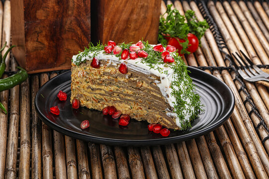 Homemade chicken liver cake served granet
