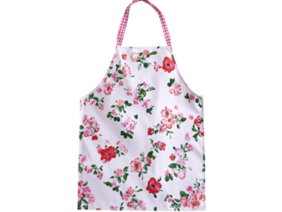a white apron with red and pink flowers