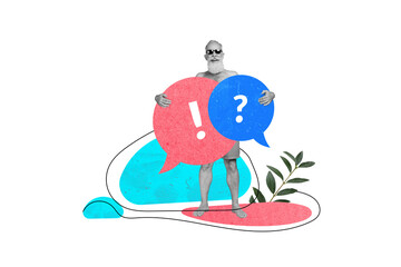 Magazine template collage of elderly man holding mind cloud speaking discussion hotel travel agency support chat