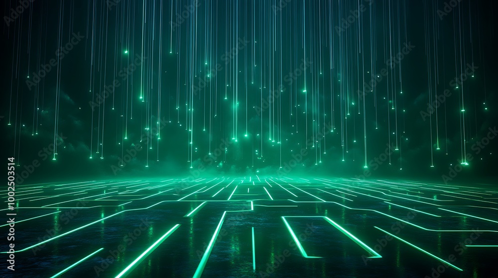 Poster futuristic digital landscape with glowing lines and sparkling elements creating a high-tech atmosphe