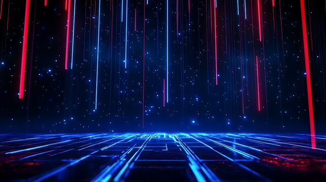 Futuristic digital landscape with glowing lines and stars, creating a sci-fi atmosphere.