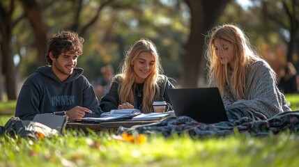 Friends Enjoying Study Session Together at a Park Picnic Table on a Sunny Afternoon