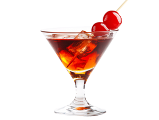 a glass with a drink and cherries on top