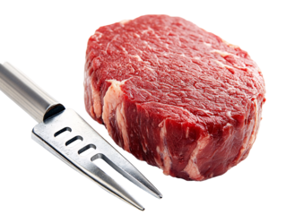 a piece of raw meat next to a fork