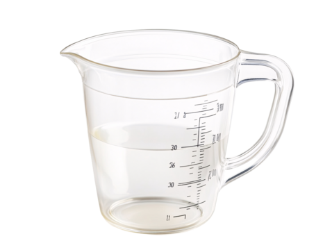 a clear measuring cup with a handle